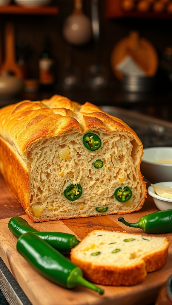 A loaf of jalapeño and cheddar bread on a wooden board, with sliced revealing jalapeños and cheese.